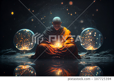 Buddhist monk sitting in the water with spheres of light Buddhist monk sitting in the water with spheres of light 107725394