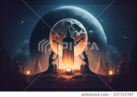 Egyptian occult ritual with God Horus and full moon. Egyptian mythology concept. Egyptian occult ritual with God Horus and full moon. Egyptian mythology concept. 107725397