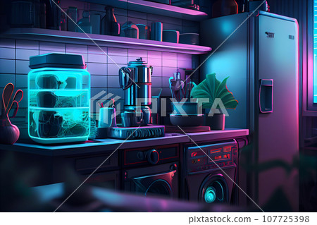 Modern kitchen with neon lights in the evening. Smart house interior. Modern kitchen with neon lights in the evening. Smart house interior. 107725398
