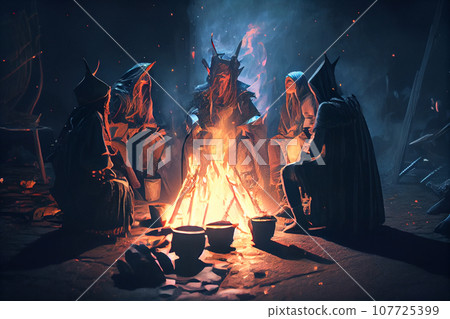 People at spiritual gathering of shamanic sacred ritual healing energy in forest at night People at spiritual gathering of shamanic sacred ritual healing energy in forest at night 107725399