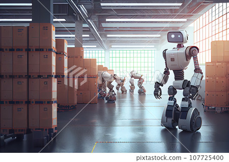 Innovative industry robot working in warehouse for human labor replacement . Concept of artificial intelligence for industrial revolution and automation manufacturing process . Innovative industry robot working in warehouse for human labor replacement . Concept of artificial intelligence for industrial revolution and automation manufacturing process . 107725400