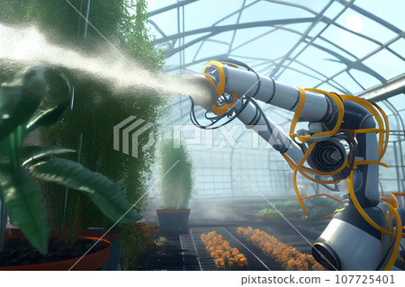 Agriculture technology concept with 3d rendering robotic arm spray fertilizer on plants in greenhouse Agriculture technology concept with 3d rendering robotic arm spray fertilizer on plants in greenhouse 107725401
