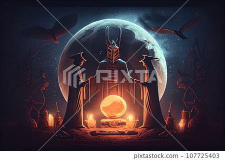 Ancient egyptian occult ritual with God Horus and full moon. Egyptian mythology concept. Ancient egyptian occult ritual with God Horus and full moon. Egyptian mythology concept. 107725403