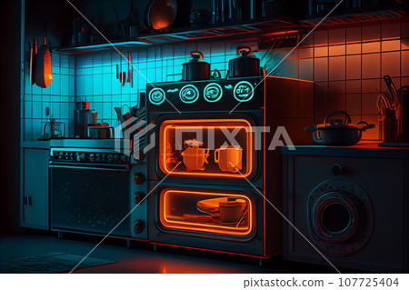 Modern kitchen with neon lights in the evening. Smart house interior. Modern kitchen with neon lights in the evening. Smart house interior. 107725404