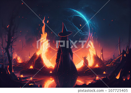 Occult Witch sabbath ritual fire at night forest with full moon. Esoteric, Occult mystical ritual scene. 107725405