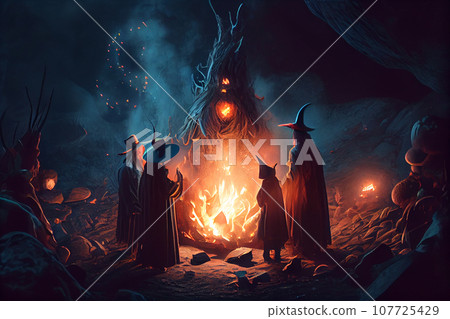 People at spiritual gathering of shamanic sacred ritual healing energy in forest at night People at spiritual gathering of shamanic sacred ritual healing energy in forest at night 107725429