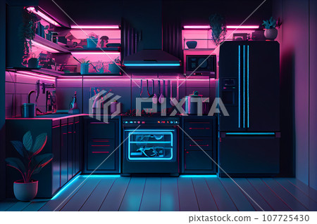 Modern kitchen with neon lights in the evening. Smart house interior. Modern kitchen with neon lights in the evening. Smart house interior. 107725430