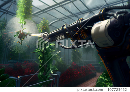 Agriculture technology concept with 3d rendering robotic arm spray fertilizer on plants in greenhouse Agriculture technology concept with 3d rendering robotic arm spray fertilizer on plants in greenhouse 107725432