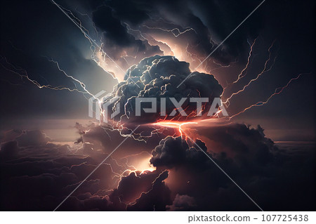 stormy sky with dark clouds, lightning flashes over the night sky. Concept on the theme of Severe Weather, natural disasters, natural basis for designer. 3D rendering. Raster illustration. 107725438