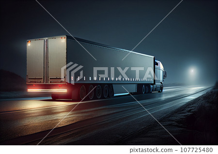 Semi trailer truck move on dry asphalted night road repair in dark, back view - night driving safety Semi trailer truck move on dry asphalted night road repair in dark, back view - night driving safety 107725480