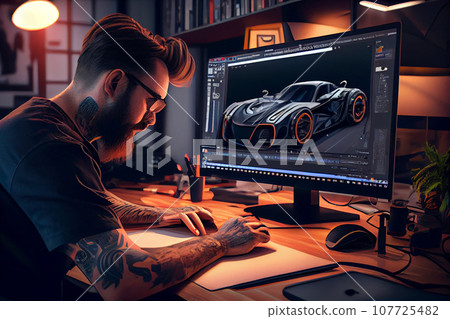 Professional Automotive Graphic Designer is Working on Concept Car Render with a Stylus Pen in a High Tech Innovative Laboratory with a Prototype Car Chassis. Professional Automotive Graphic Designer is Working on Concept Car Render with a Stylus Pen in a High Tech Innovative Laboratory with a Prototype Car Chassis. 107725482