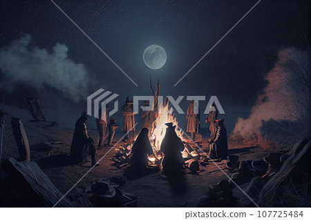 People at spiritual gathering of shamanic sacred ritual healing energy in forest at night People at spiritual gathering of shamanic sacred ritual healing energy in forest at night 107725484