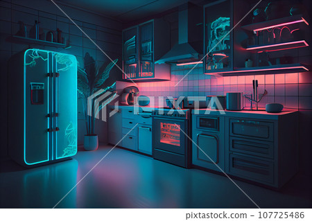 Modern kitchen with neon lights in the evening. Smart house interior. Modern kitchen with neon lights in the evening. Smart house interior. 107725486
