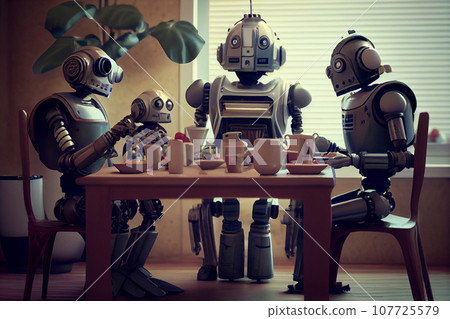 robot family having dinner at home. Futuristic humanoid robotic family lunch time. robot family having dinner at home. Futuristic humanoid robotic family lunch time. 107725579