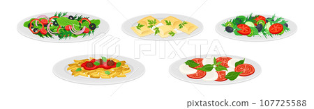 Italian Food and Traditional Dishes Served Vector Set 107725588