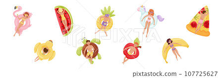 People Characters Floating on Air Mattress or Rubber Rings in Swimming Pool Vector Set 107725627