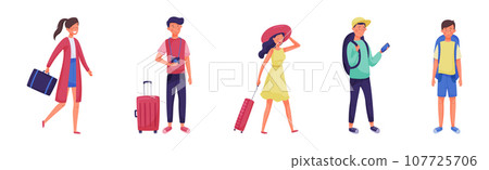 People Characters with Suitcase and Luggage Travel Vector Set 107725706