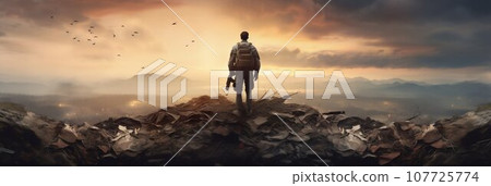 Soldier Overlooking Battle Aftermath. Generative ai Soldier Overlooking Battle Aftermath. Generative ai 107725774