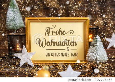 Frame Frohe Weihnachten, Means Merry Christmas, Gold, Glittering Winter Decor Frame Frohe Weihnachten, Means Merry Christmas, Gold, Glittering Winter Decor 107725862