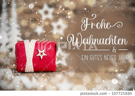 Text Frohe Weihnachten, Means Merry Christmas, With Christmas Gift, Winter Decor 107725880