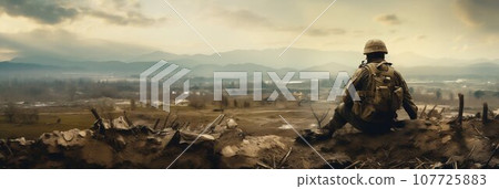 Soldier Overlooking Battle Aftermath. Generative ai Soldier Overlooking Battle Aftermath. Generative ai 107725883