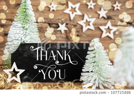 Christmas Trees, Rustic Holiday Background With Sign With Text Thank You Christmas Trees, Rustic Holiday Background With Sign With Text Thank You 107725886