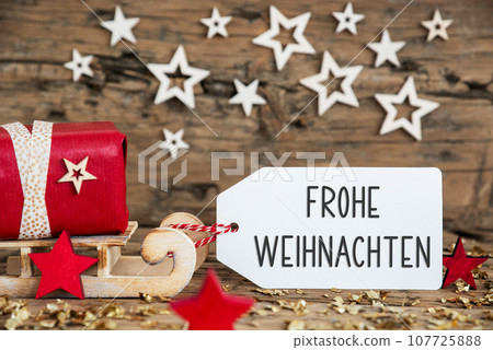 Text Frohe Weihnachten, Means Merry Christmas, Label With Sled, Christmas Text Frohe Weihnachten, Means Merry Christmas, Label With Sled, Christmas 107725888