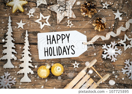 Rustic Christmas Decor With Snowfall And Label With Text Happy Holidays Rustic Christmas Decor With Snowfall And Label With Text Happy Holidays 107725895