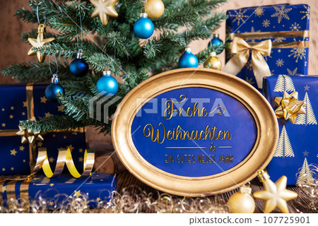 Golden Frame Frohe Weihnachten, Means Merry Christmas, Christmas Background Golden Frame Frohe Weihnachten, Means Merry Christmas, Christmas Background 107725901
