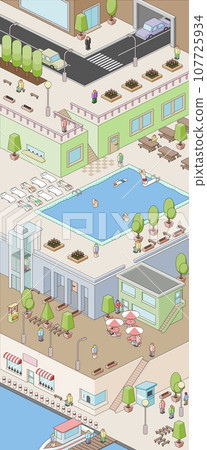 Isometric vector multilevel illustration of a resort town near on the shore. Isometric vector multilevel illustration of a resort town near on the shore. 107725934