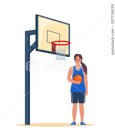 Happy woman basketball player in uniform with ball on the basketball court. Vector illustration. Happy woman basketball player in uniform with ball on the basketball court. Vector illustration. 107726019