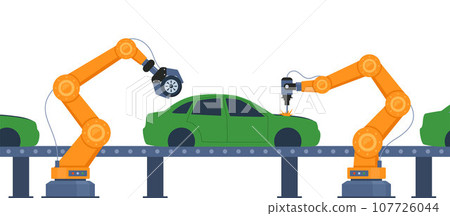 Process of automated car production. Wehicle parts on the machinery line with robotic hands. Assembly line at an automobile factory. Vector illustration. Process of automated car production. Wehicle parts on the machinery line with robotic hands. Assembly line at an automobile factory. Vector illustration. 107726044
