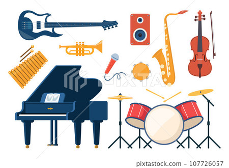 Musical instruments, set of icons. Guitar, synthesizer, violin, cello, drum, cymbals, saxophone, accordion, tambourine, grand piano. Vector illustration. Musical instruments, set of icons. Guitar, synthesizer, violin, cello, drum, cymbals, saxophone, accordion, tambourine, grand piano. Vector illustration. 107726057