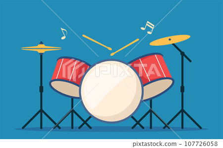 Drum kit. Percussion musical instrument. Red drums, stick and cymbal. Flat style vector illustration. 107726058