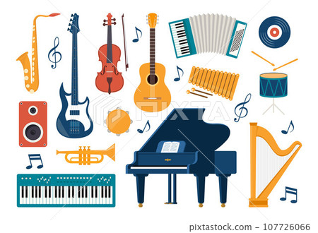 Musical instruments, set of icons. Guitar, synthesizer, violin, cello, drum, cymbals, saxophone, accordion, tambourine, grand piano. Vector illustration. 107726066