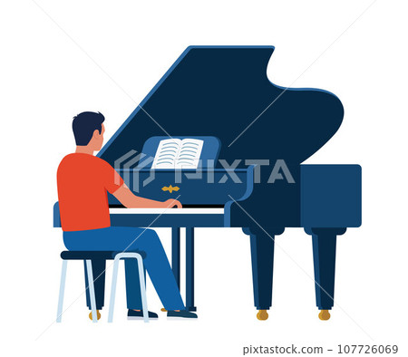 Man Pianist Playing Musical Composition on Grand Piano for Symphonic Orchestra or Opera Performance on Stage. Talented Artist Performing on Scene. Vector Illustration. 107726069