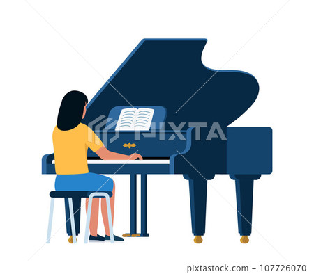 Woman Pianist Playing Musical Composition on Grand Piano for Symphonic Orchestra or Opera Performance on Stage. Talented Artist Performing on Scene. Vector Illustration. Woman Pianist Playing Musical Composition on Grand Piano for Symphonic Orchestra or Opera Performance on Stage. Talented Artist Performing on Scene. Vector Illustration. 107726070