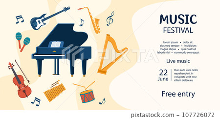 Music festival invitation. Musical instruments. Guitar, synthesizer, violin, cello, drum, cymbals, saxophone, grand piano, trumpet, harp, loudspeaker. Vector illustration. Music festival invitation. Musical instruments. Guitar, synthesizer, violin, cello, drum, cymbals, saxophone, grand piano, trumpet, harp, loudspeaker. Vector illustration. 107726072