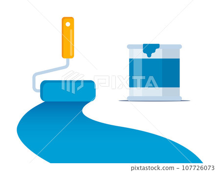 Blue color trail of the roller brush and paint can on white background. Vector illustration for headers, banners and advertising. Blue color trail of the roller brush and paint can on white background. Vector illustration for headers, banners and advertising. 107726073