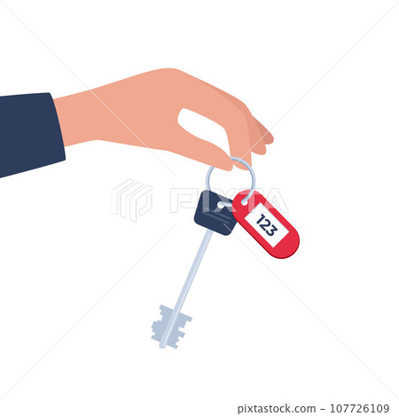 Hand Holding the Car Key. Modern hotel door lock key with room number badge. Vector illustration in flat design. Hand Holding the Car Key. Modern hotel door lock key with room number badge. Vector illustration in flat design. 107726109
