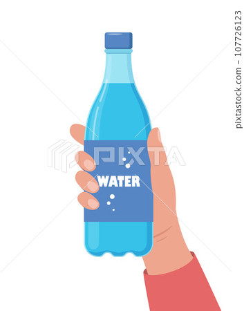 Hand holding bottle of water. Drink more water concept. Vector illustration. 107726123