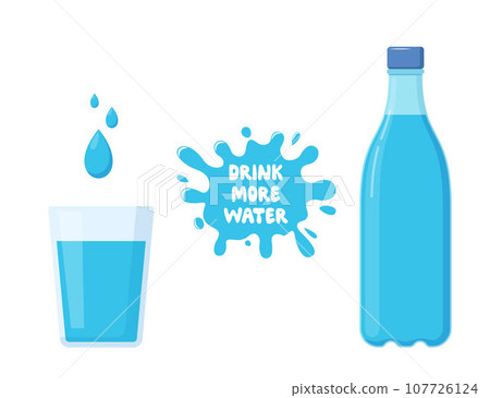 Glass and bottle of water. Water splash. Text Drink more water. Vector illustration. 107726124