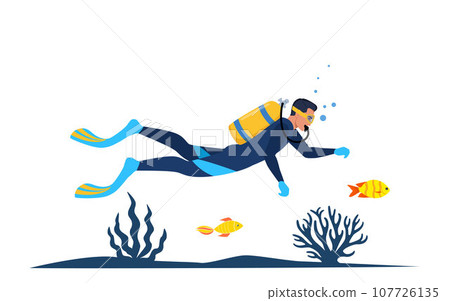Man diver with diving equipment wearing wetsuit with oxygen tank and fins. Diver swiming among algae, corals. fishes. Vector illustration. Man diver with diving equipment wearing wetsuit with oxygen tank and fins. Diver swiming among algae, corals. fishes. Vector illustration. 107726135