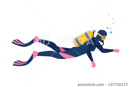Woman diver with diving equipment wearing wetsuit with oxygen tank and fins. Vector illustration isolated. 107726137