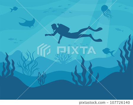 Silhouette of a scuba diver in the underwater world. The diver dives to the depths of the ocean. Vector illustration. 107726140