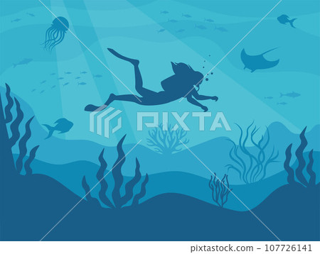 Silhouette of a scuba diver in the underwater world. The diver dives to the depths of the ocean. Vector illustration. Silhouette of a scuba diver in the underwater world. The diver dives to the depths of the ocean. Vector illustration. 107726141