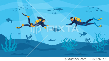 Divers with diving equipment swim in the sea. Seascape banner with people underwater. Characters wearing wetsuit with oxygen tanks and fins. Underwater world. Vector illustration. 107726143