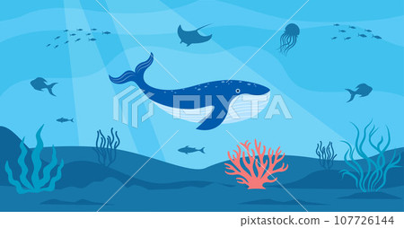 Underwater cartoon landscape. The bottom of the sea. Cute whale. Fish, plants, jellyfish. Vector illustration. 107726144