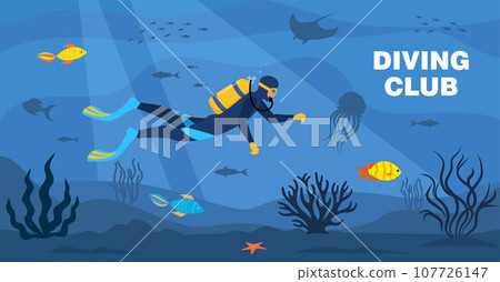 Diving club banner. Diver with diving equipment swims in the sea. Seascape banner with man underwater. Character wearing wetsuit with oxygen tank and fins. Underwater world. Vector illustration. Diving club banner. Diver with diving equipment swims in the sea. Seascape banner with man underwater. Character wearing wetsuit with oxygen tank and fins. Underwater world. Vector illustration. 107726147