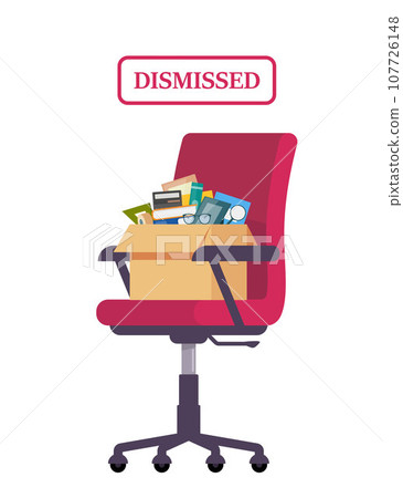 Business chair with box with office things. Dismissed. Fired from job. Vector illustration. 107726148